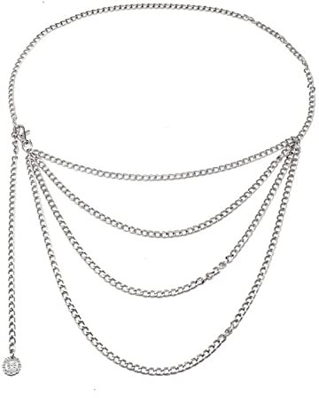 Stfery Bauchkette Beach, Kettengürtel Silber Vintage Taillenkette Mehrschichtiger Panzerkettenanhänger Avatar Körperkette 120cm