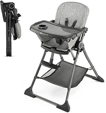 Kinderkraft FOLDEE Highchair, Baby Chair, Ergonomic, Comfortable, Reclining, Foldable, Ajustable Footrest, Detachable Double Tray, for Toddler, from 6 Month to 3 Years, Gray