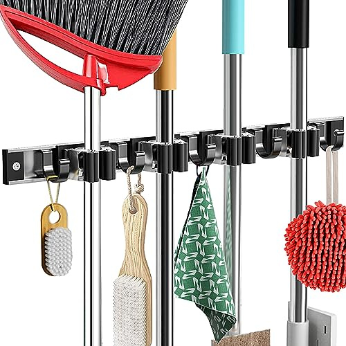 Piyl Mop and Broom Holder Wall Mount Metal Heavy Duty Utility Hooks Broom Organizer Garage Storage Systems Tool Racks for Home Laundry Garden Kitchen Organization (Black, 1 Pack 4R5H)