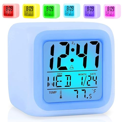 Aoreun Sveglia digitale, sveglia da comodino con luci per bambini, 7 colori che cambiano la notte con snooze, rilevamento della temperatura per bambini, Bambini e ragazze, studenti