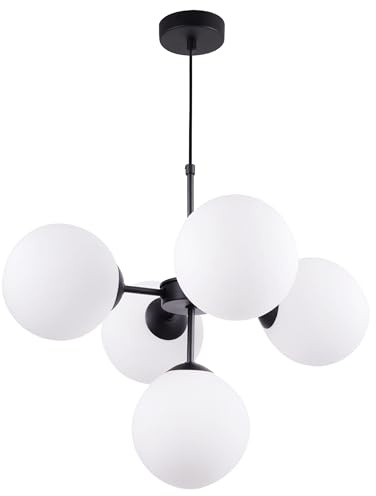 Light-Home Imperia Hängelampe - Deckenlampe für Wohnzimmer Schlafzimmer und Esszimmer- Pendelleuchte aus Metall und Glas - E14-5-Flammig - Schwarz Basis und Weiß