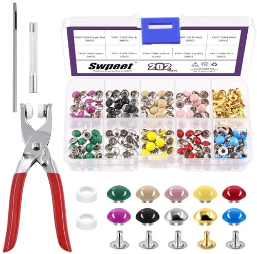Swpeet 405Pcs 10 Colors 7mm Double Round Cap Leather Rivets with Fixing Tools, Double Cap Rivet Metal Studs, Leather Rivets Craft Belt Ideal for DIY Craft Leather Craft Repairs Decoration