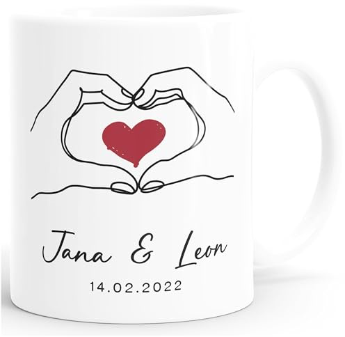 SpecialMe® Tasse Liebe personalisiert mit Namen und Datum Motiv Hände Herz Geschenk Jahrestag Partner Mann Frau Weiss standard