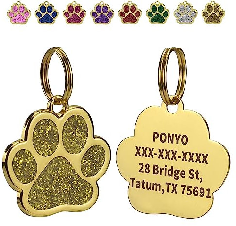 Olodeer 3 Stück Personalisierte Hundemarke und Katzenmarke, Benutzerdefinierte gravierte Haustier Informationen, Zink Legierung nette Gold Pfote geformte Hundehalsband Tag.(Gold)