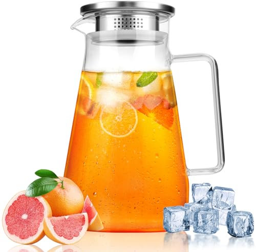 Vilomdur 1.5L Carafe en Verre, Carafe Eau avec Couvercle et Anse, Transparent et Résistant Chaleur Pichet en Verre, Carafe Eau Verre, pour Eau Froides/Chaudes, thé Glacé, Vin, Jus, Lait