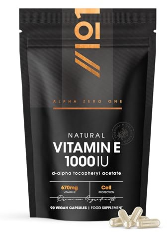 Vitamin E 1000IU D-Alpha Tocopherol – 100% Natural Vitamin E – 90 Vegan Capsules – Highly Absorbable – 3 Month Supply – Protects Cells from Oxidative Stress – By Alpha01