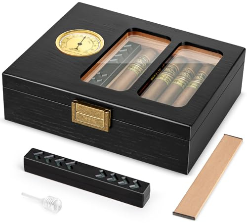 Usewire Humidificador de cigarros, caja de cigarros de cedro con parte superior de cristal, caja de puros para 20-25 puros con higrómetro, humidificador, humidificador de cigarros de escritorio,