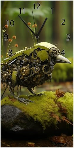 Wallario Design-Wanduhr Mechanischer Waldvogel aus Glas, Motiv-Uhr Größe 30 x 60 cm, Schwarze Zeiger