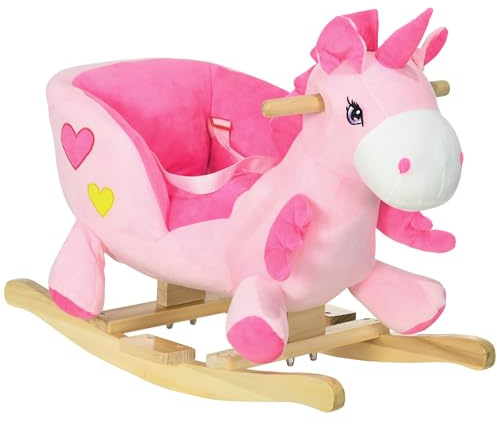 HOMCOM Cavallo a Dondolo con 32 Canzoni, Unicorno a Dondolo in Peluche con Base in Legno e Cintura di Sicurezza per Bambini da 18-36 Mesi, Rosa