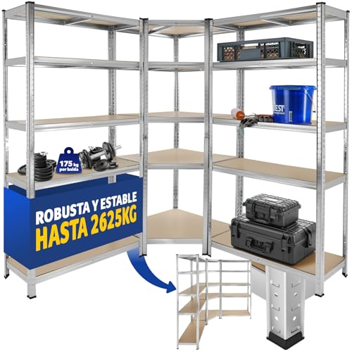tectake® Estantería para Cargas Pesadas, 3 Partes, 15 Estantes, Estructura de Acero Galvanizado, Capacidad de Carga 2625 kg, Ajustable en Altura, Convertible en Bancos de Trabajo, Bordes Redondeados
