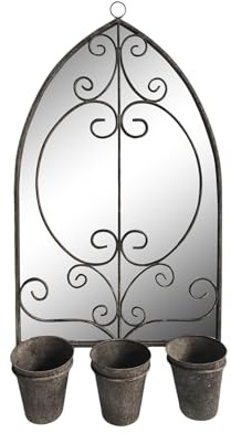 AcaciaHome Vintage Rusty Metal Wall Mirror with Triple Planter 3 Pots Holder - 70cm Arch Design, Indoor/Outdoor Large Garden & Patio Décor for Living & Garden Spaces (1, Floral Framed)