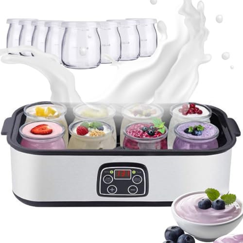 Automatic Yogurt Maker, 1400ML Multi-Function Yogurt Machine with 8 Reusable 180ML Glass Jars, Adjustable Temperature and 0-48H Time Control, Portable Healthy Yoghurt Machine for Homemade Yoghurt