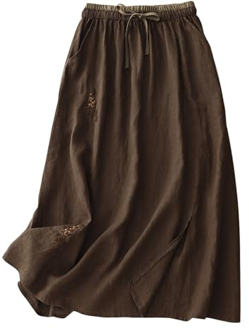 Flodxo Baumwoll-Leinen-Rock für Damen, Sommer, A-Linie, Maxi-Röcke, elastische Taille, Boho, lange Röcke, Y2K, Retro, Vintage-Stickerei, Tunika-Kleid, elegant, lässig, Büro, Arbeit, schwingende Röcke,