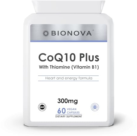 Bionova CoQ10 300mg Plus - 60 Capsules - Superior High Strength Naturally Fermented Ubiquinone Trans Form Co Enzyme Q10 300mg Enhanced with Vitamin B1