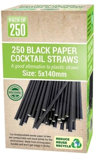 250pcs Biodegradable Paper Straws - Black Kraft Drinking Straws for Juice, Coffee, Cold Cocktails - Birthday, School, Wedding, Bridal/Baby Shower Party Accessories