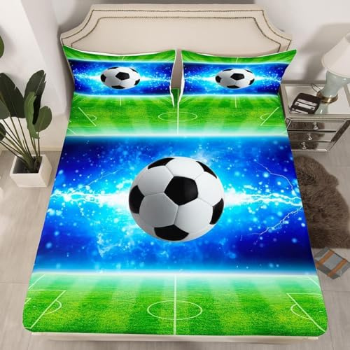 Lenzuola Matrimoniale 160x200x30 cm Calcio, 3D Campo da Calcio Lenzuolo con Angoli, Lenzuola Letto Coprimaterasso Microfibra Morbido e 2 Federe 50x80 cm CL3149