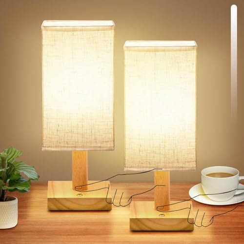 2 Pack Touch Control Bedside Lamps Set, Rechargeable Wireless Table Lamp with Wood Base & Stepless Dimming, Small Nightstand Lamp for Bedroom Living Room Nursery Office, E26 LED Bulb Included