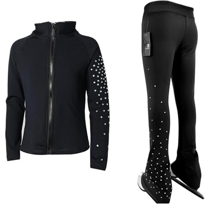 LIUHUO Eiskunstlauf-Trainingshose, Jacken, Mädchen, Damen, Fleece, glänzend, bunt, Diamanten, bequem, warm, Schwarz, 8-10 Jahre