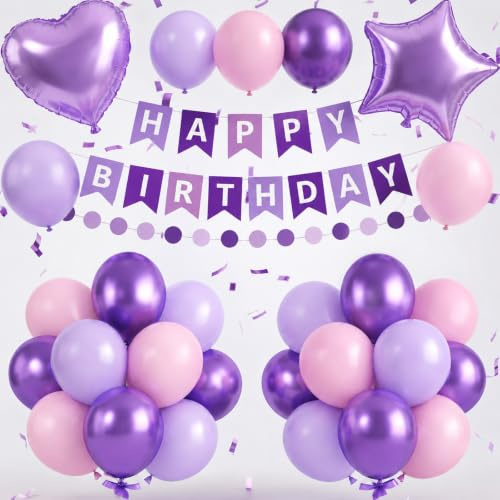 Purple Birthday Party Decorations for Women Girls Purple Pink Balloon Set Star Heart Foil Balloons Happy Birthday Bunting Banner Garland Pastel Lilac Violet Lavender Pink Princess Butterfly Decor Kit