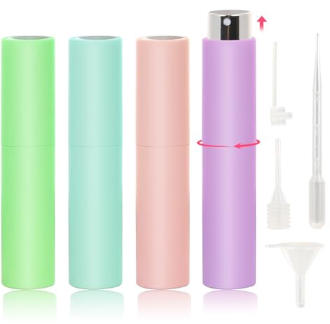LALASTYLE 4PCS 10ml Refillable Perfume Spray Bottles Leakproof Travel Atomiser Set with Filling Tool, Portable Mini Fragrance Dispenser for Handbag Gym Holidays