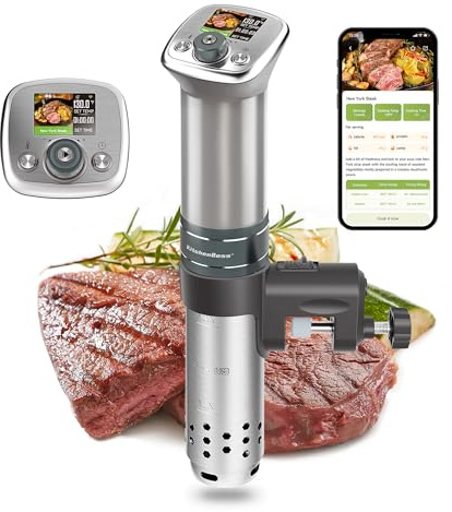 KitchenBoss WiFi Sous Vide Cooker: Ultra-quiet Sous Vide Machine Built-in TFT Color Display Recipes, 1100W Sous Vide Immersion Circulator Accurate Temp Waterproof Magnetic Knob APP Control, Silver