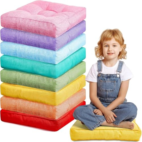QJCHLO 8 Stk 40*40cm Bodenkissen für Kinder, 3,5'' dick flexible Sitzkissen | Flexible Sitzmöbel für Klassenzimmer, Meditationssitzkissen für zu Hause, Kinderzimmer & Yoga-Dekoration (Rainbow Color)