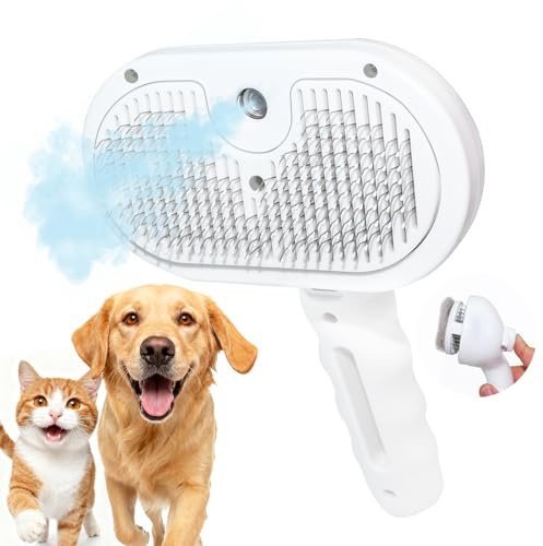 FYNIGO Selbstreinigende Katzenbürste & Hundebürste mit Spray – Fellbürste für Katzen & Hunde, Unterwolle Bürste für Langhaar, Anti‑Static, Massagebürste mit Wasser-Sichtfenster, Wiederaufladbar, Weiß