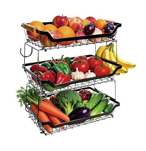 Afeeler 3 Tier Fruit Basket Stand with Banana Hangers, Fruit and Vegetable Storage Basket for Kitchen Counter, Detachable Metal Fruit Bowl Organizer, Vegetable Rack Holder for Bread, Snacks, Potato