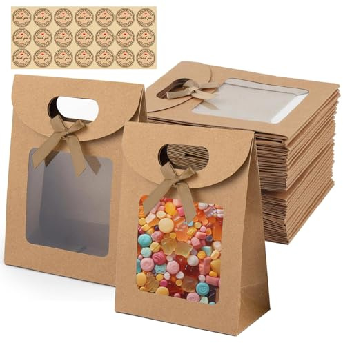 QingWing 20 st. presentpåsar med fönster, 16 x 12 x 6 cm presentpåsar brunt kraftpapper med handtag, kraft papperspåsar med runda klistermärken, för sötsaker kakor förpackning bröllop jul fest