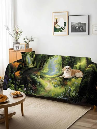 Forest Sofa Cover Blanket Couch Covers for Armchair Cushion,Couch Sofa Silpcover with Tassel,Nature Woodland Spring Scenic Green Trees Flower Living Room Throw Towel Blanket Covers XX-L 71x150