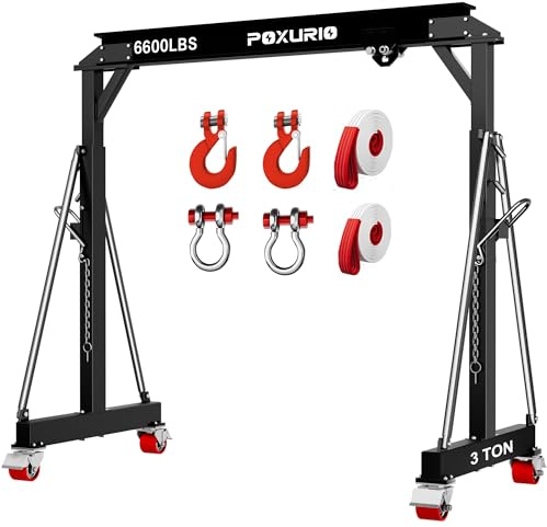 3 Ton 6600LBS Gantry Crane, Adjustable Height (8.53-12.47 FT), Width (9.06 FT), Steel I-Beam Construction, Portable Gantry Crane for Factories, Warehouses, Auto Repair, Black, 2026 Upgraded Trolley
