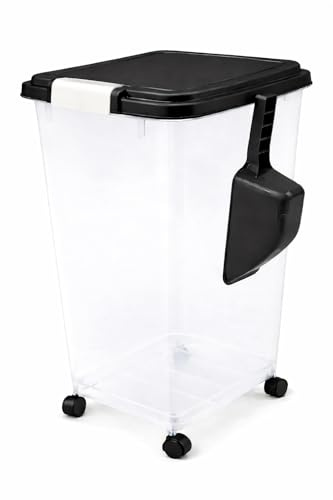 raxter Pet Food Storage Container, 40L (15KG), Airtight Flip-Top Locking Lid, Transparent Plastic, with Wheels and Scoop, for Dog, Cat and Bird Food (Black)