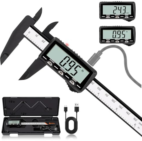 HARDELL Pie de Rey Digital Recargable 150 mm, Calibre Digital USB-C, Pantalla LCD Estándar SIN RETROILUMINACIÓN, Precisión 0,01 mm, Conversión mm/pulgada, Herramienta de Medición para Bricolaje