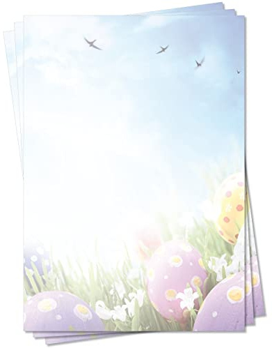 Motiv Briefpapier (Ostern-5090, DIN A4, 100 Blatt) Briefpapier Osterwiese mit Ostereier, blauer Himmel mit Vögeln über grüner Wiese mit lila gelben Ostereiern und Narzissen