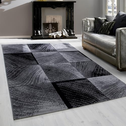 Teppium Moderner Kurzflor Teppich Läufer Flur 80 x 300 cm Schwarz - Flauschiger Teppich Waschbar, Kariert Design, Pflegeleicht, Weich - Ideal als Bettvorleger im Schlafzimmer und Küchenläufer