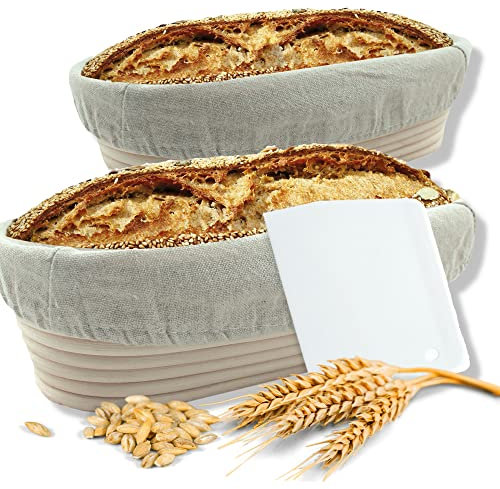 riijk 2 Cestas de Fermentación (ovaladas, Ø 28+35 cm) y Rascador de Masa - Estribos de Acero INOX - Banneton para Pan - Ratán Natural - Cuenco para Masas con Paño de Lino