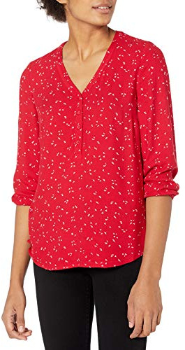 Amazon Essentials Camisa de Manga 3/4 con Botones para Mujer, diseño Floral de Hojas Rojas, Talla M