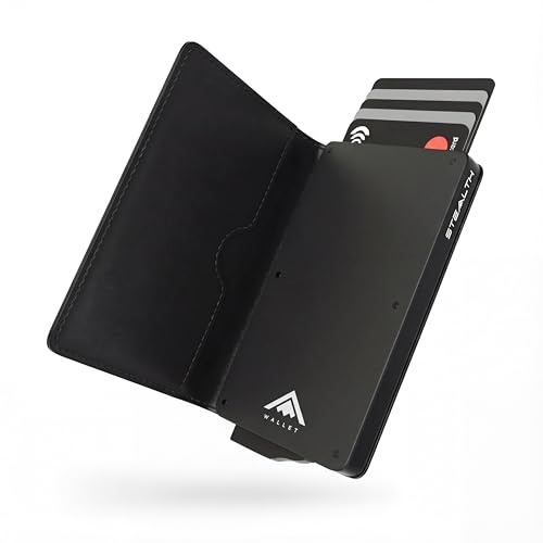 Stealth Wallet RFID Korthållare Plånbok - Smart Minimalistisk Pop Up Plånböcker med Presentlåda - Slim Lättviktiga Metalkorthållare för Män & Kontaktlös Beskyddare (Svart Aluminium, Svart Läder)
