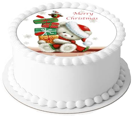 Christmas Cute Teddy Merry Christmas 7.5 inch Circle on Decor Icing Sheet Edible Cake Topper - Perfect for Decorating Larger Cakes