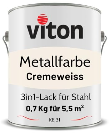 Viton Metallfarbe in Creme - 0,7 Kg Metall-Schutzlack Seidenmatt - Dauerhafter Schutz & hohe Beständigkeit - 3in1 Grundierung & Deckfarbe - Metalllack direkt auf Rost - KE31 - RAL 9001 Cremeweiss