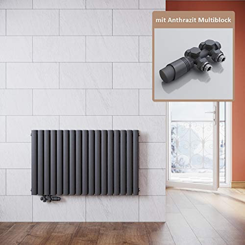 ELEGANT Heizkörper Modern Anthrazit 600x1003mm mit Anthrazit Multiblock Thermostat Design Heizkörper Horizontal Doppellagig Röhrenheizkörper Mittelanschluss