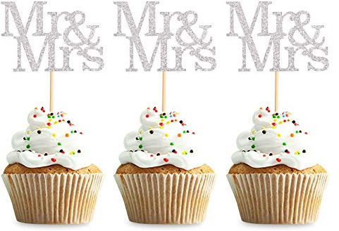 24Pcs Mr Mrs Cupcake Toppers Love Mr Mrs Cake Decorations Silver Glitter Wedding Cucpake Toppers Bridal Shower Cake Decorations Party Supplies
