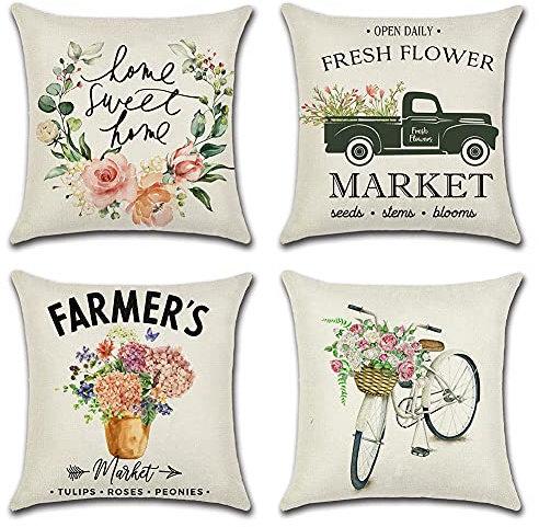 Artscope Set of 4 Decorative Cushion Covers 45x45cm, Spring Flower Pattern Waterproof Throw Pillow Covers, Perfect to Outdoor Patio Garden Bench Living Room Sofa Farmhouse Decor