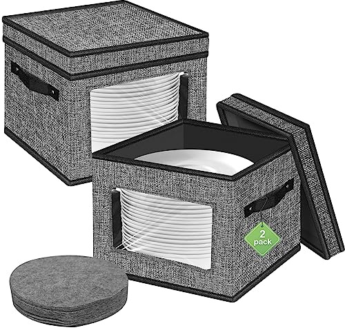 homyfort China Storage Containers With Lid and Handles, Dinnerware Storage Box for Dishes with 12 Felt Dividers, Hold 24 Plates, 12x 12, Set of 2, Grey