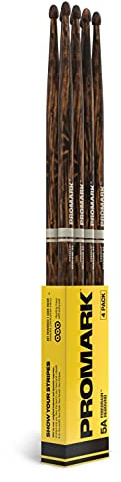 Baquetas ProMark Rebound 5A – FireGrain para tocar más fuerte y por más tiempo – sin vibración excesiva – acabado lacado, punta en forma de bellota, madera de nogal – compra 3 pares y recibe 1 gratis