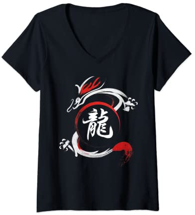 Femme Calligraphie du dragon chinois Écriture de la puissance et d T-Shirt avec Col en V