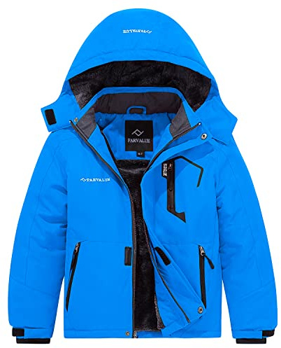FARVALUE Boys Waterproof Ski Jacket Windproof Winter Coat Warm Snow Coat Outdoor Raincoats Hooded Windbreaker Blue 14-16