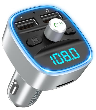 ORIA Bluetooth 5.3 FM Transmitter for Car, Wireless Radio Transmitter Adapter Car Kit, Dual USB Charging, Hands-Free Calling, Music Player Supports TF Card and USB Disk - Silver