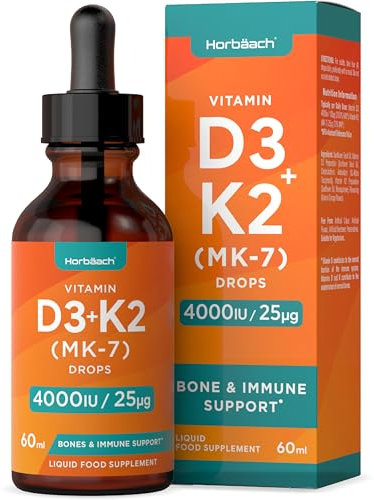 Vitamin D3 K2 Drops High Strength | 60mL | 4000iu of Vitamin D3 + 25ug of Vitamin K2 as Menaquinone MK-7 | Orange Flavoured | Suitable for Vegetarians | by Horbaach