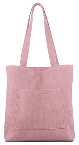 Kememo Cord Tasche Damen Umhängetasche mit Reißverschluss, Schultertaschen Handtasche Shopper Tasche für Arbeit Büro Reisen Einkaufen Schule und Alltag, Rosa